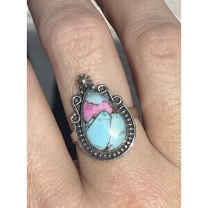 Cotton Candy Turquoise Sterling Silver Ring Southwestern Teardrop Sz 8